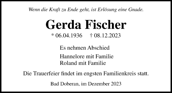Traueranzeige von Gerda Fischer von Ostsee-Zeitung GmbH