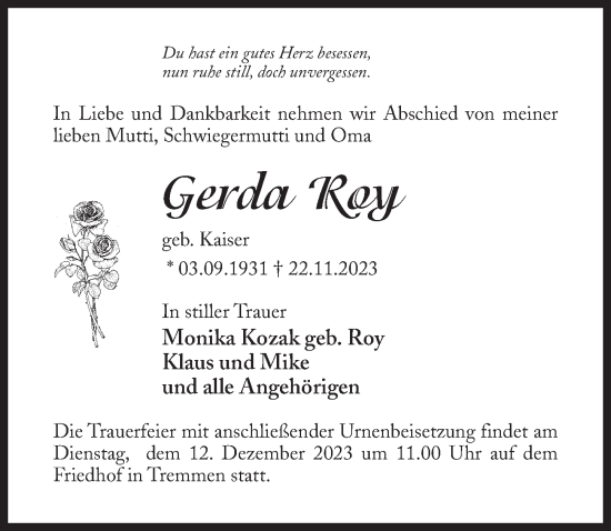 Traueranzeige von Gerda Roy von Märkischen Allgemeine Zeitung