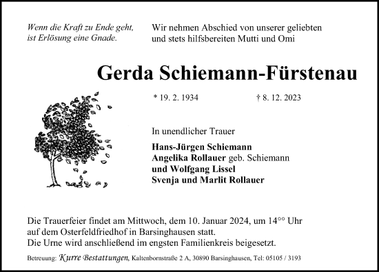 Traueranzeige von Gerda Schiemann-Fürstenau von Hannoversche Allgemeine Zeitung/Neue Presse