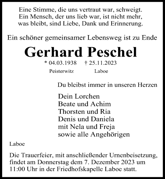 Traueranzeige von Gerhard Peschel von Kieler Nachrichten