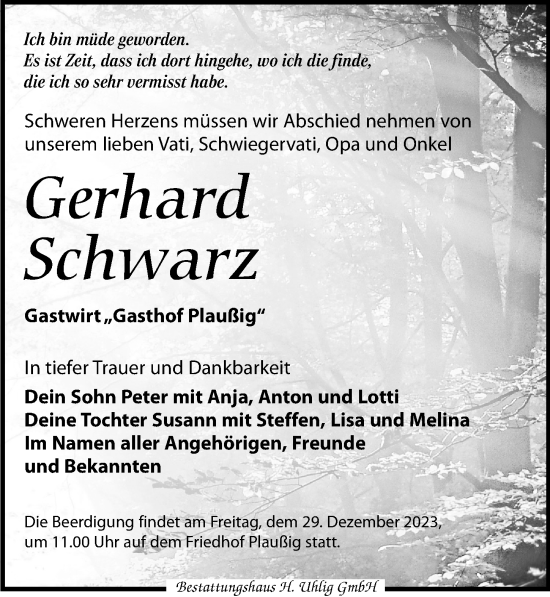 Traueranzeige von Gerhard Schwarz von Leipziger Volkszeitung