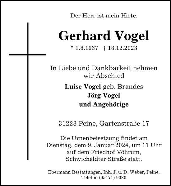 Traueranzeige von Gerhard Vogel von Peiner Allgemeine Zeitung