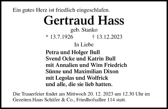 Traueranzeige von Gertraud Hass von Lübecker Nachrichten