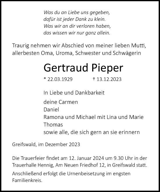 Traueranzeige von Gertraud Pieper von Ostsee-Zeitung GmbH