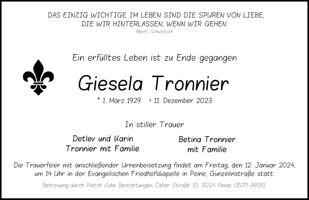  Traueranzeige für Giesela Tronnier vom 16.12.2023 aus Peiner Allgemeine Zeitung