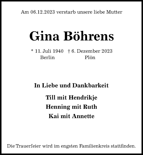 Traueranzeige von Gina Böhrens von Kieler Nachrichten