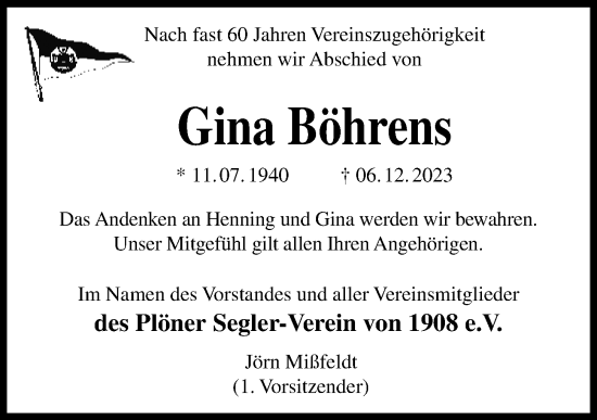 Traueranzeige von Gina Böhrens von Kieler Nachrichten