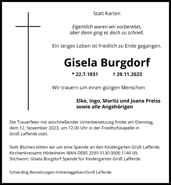 Traueranzeige von Gisela Burgdorf von Peiner Allgemeine Zeitung