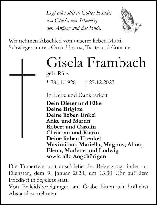 Traueranzeige von Gisela Frambach