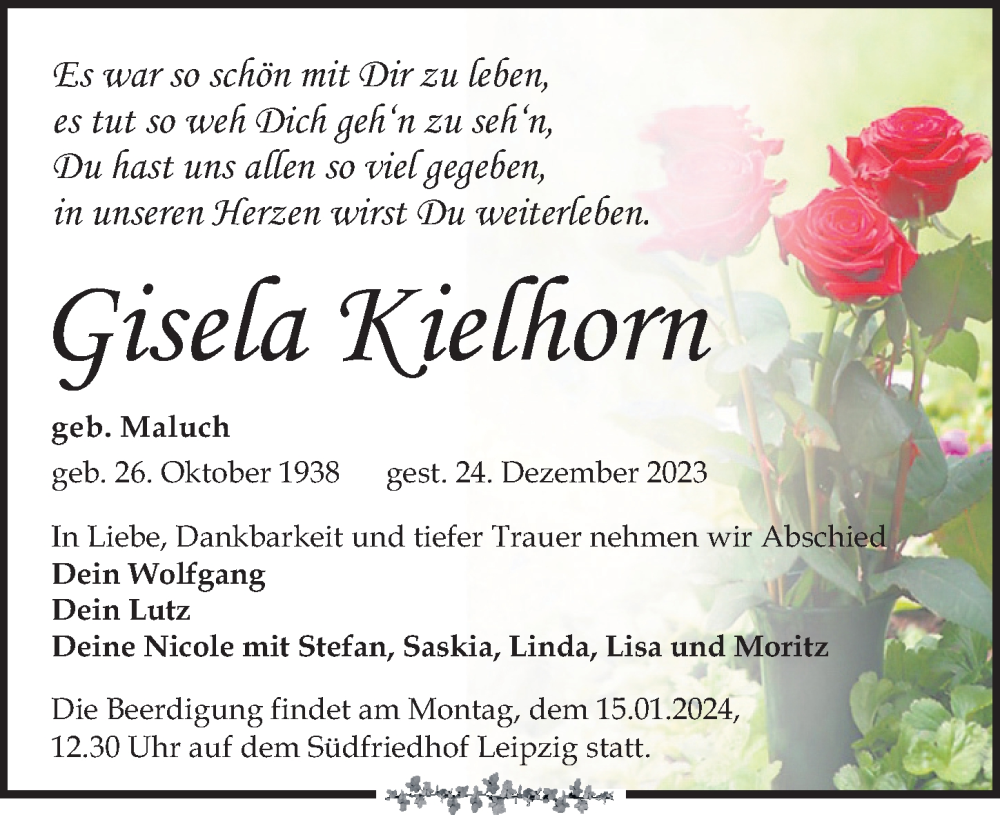  Traueranzeige für Gisela Kielhorn vom 30.12.2023 aus Leipziger Volkszeitung