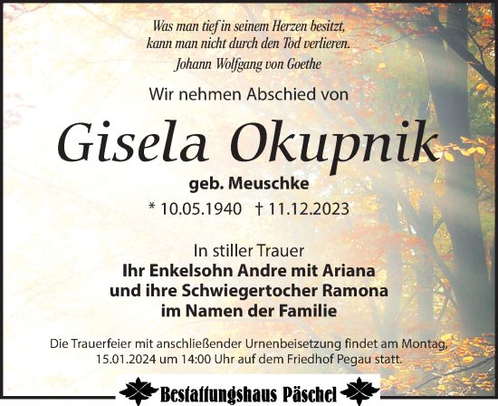 Traueranzeige von Gisela Okupnik von Leipziger Volkszeitung