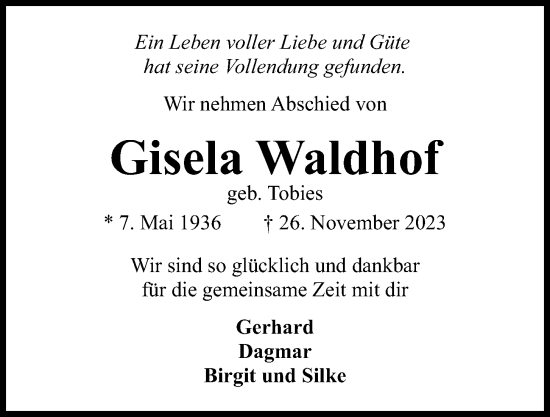 Traueranzeige von Gisela Waldhof von Kieler Nachrichten