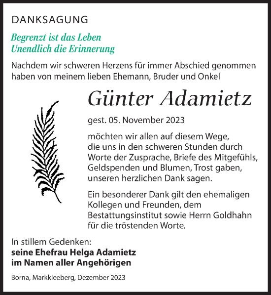 Traueranzeige von Günter Adamietz von Leipziger Volkszeitung