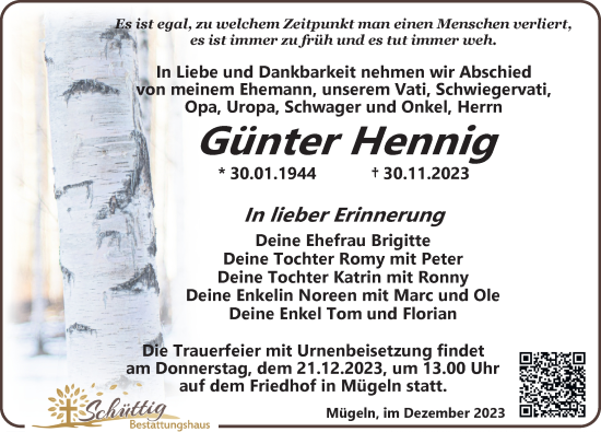 Traueranzeige von Günter Hennig von Leipziger Volkszeitung