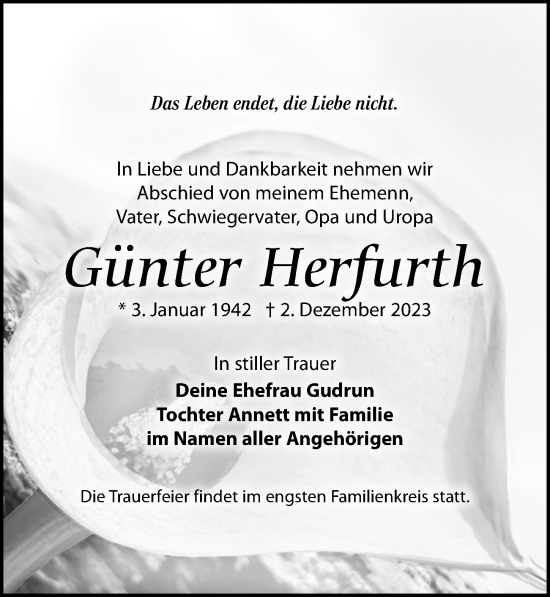 Traueranzeige von Günter  Herfurth von Leipziger Volkszeitung
