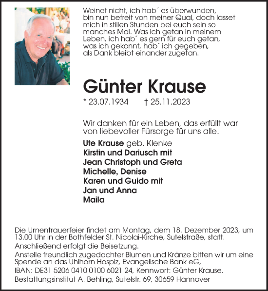 Traueranzeige von Günter Krause von Hannoversche Allgemeine Zeitung/Neue Presse