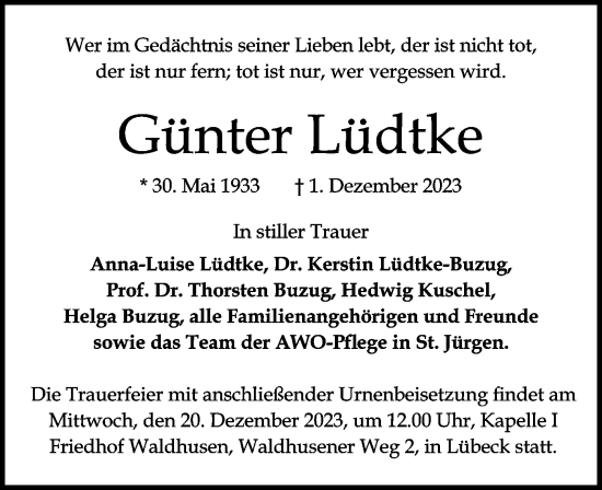 Traueranzeige von Günter Lüdtke von Lübecker Nachrichten