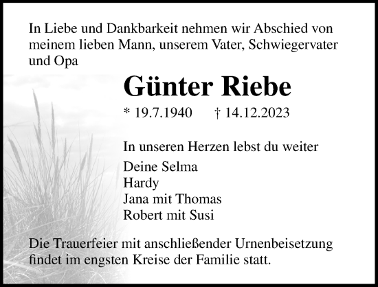 Traueranzeige von Günter Riebe von Ostsee-Zeitung GmbH