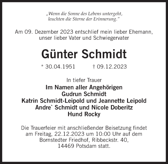 Traueranzeige von Günter Schmidt von Märkischen Allgemeine Zeitung