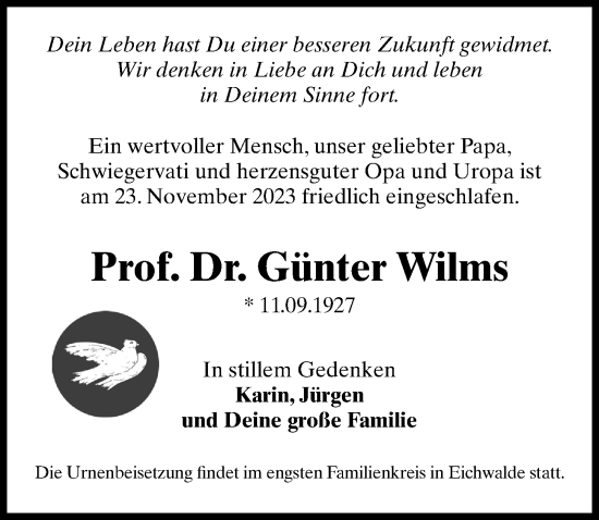 Traueranzeige von Günter Wilms von Märkischen Allgemeine Zeitung