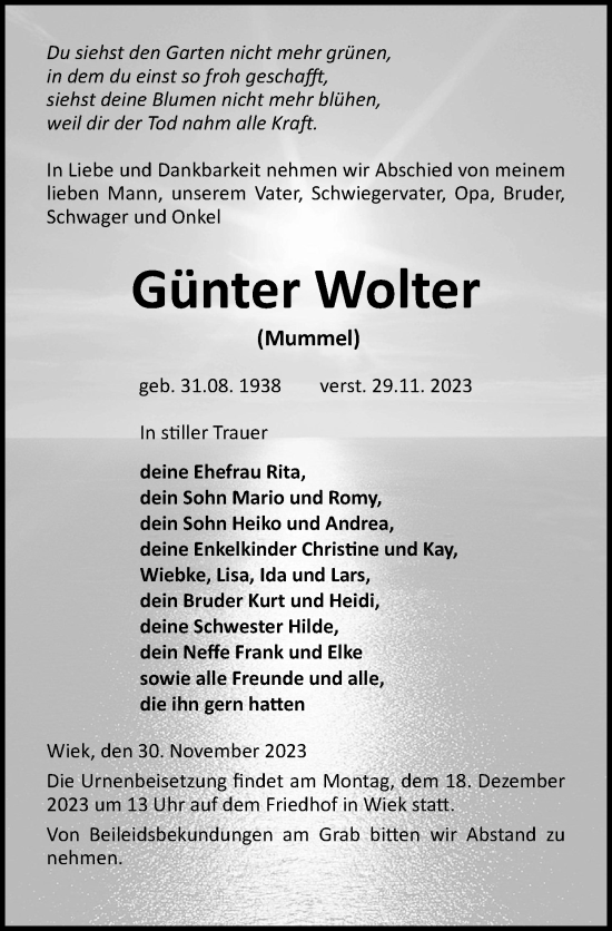 Traueranzeige von Günter Wolter von Ostsee-Zeitung GmbH
