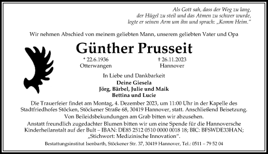 Traueranzeige von Günther Prusseit von Hannoversche Allgemeine Zeitung/Neue Presse