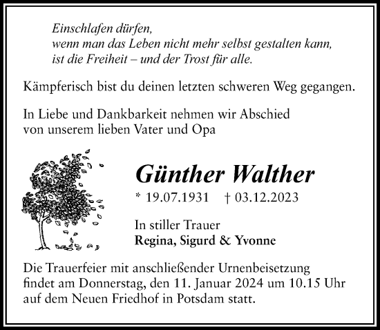 Traueranzeige von Günther Walther von Märkischen Allgemeine Zeitung