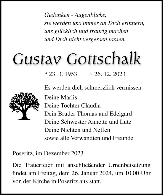 Traueranzeige von Gustav Gottschalk von Ostsee-Zeitung GmbH