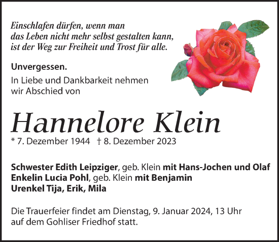 Traueranzeige von Hannelore Klein von Leipziger Volkszeitung