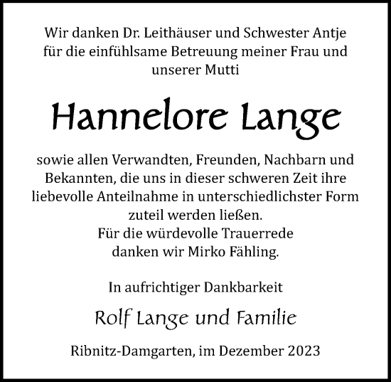 Traueranzeige von Hannelore Lange von Ostsee-Zeitung GmbH