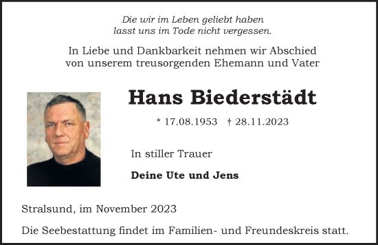 Traueranzeige von Hans Biederstädt von Ostsee-Zeitung GmbH