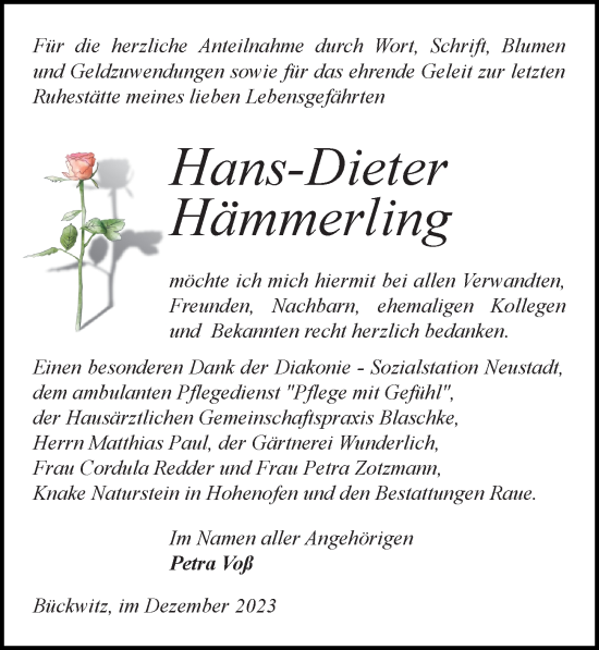 Traueranzeige von Hans-Dieter Hämmerling von Wochenspiegel