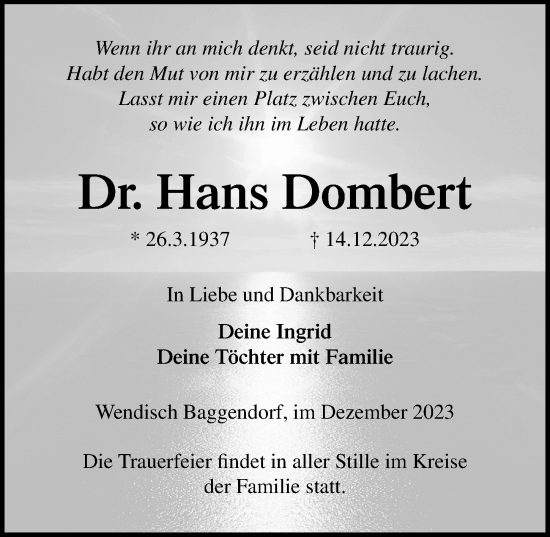 Traueranzeige von Hans Dombert von Ostsee-Zeitung GmbH