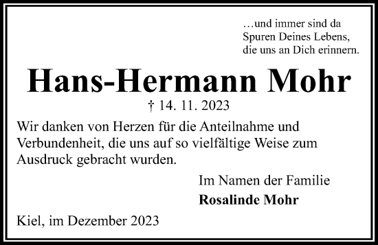 Traueranzeige von Hans-Hermann Mohr von Kieler Nachrichten