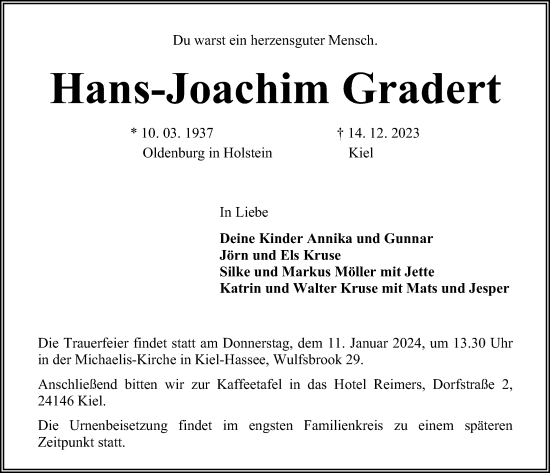 Traueranzeige von Hans-Joachim Gradert von Kieler Nachrichten