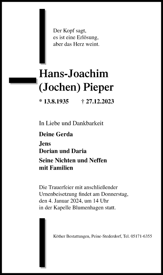Traueranzeige von Hans-Joachim Pieper von Peiner Allgemeine Zeitung