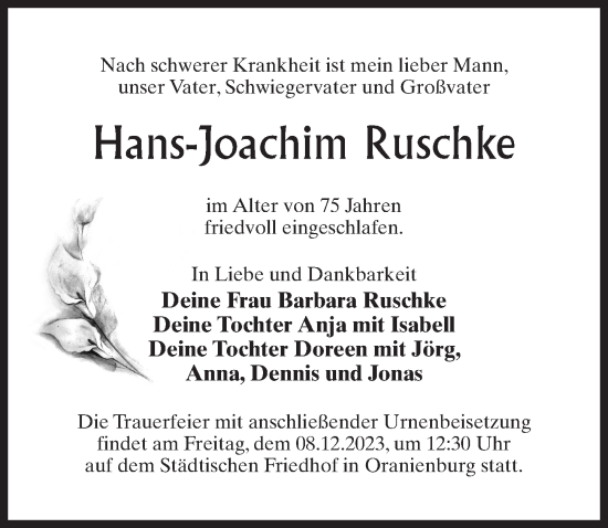Traueranzeige von Hans-Joachim Ruschke von Märkischen Allgemeine Zeitung