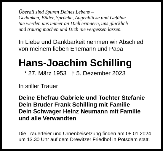 Traueranzeige von Hans-Joachim Schilling von Märkischen Allgemeine Zeitung