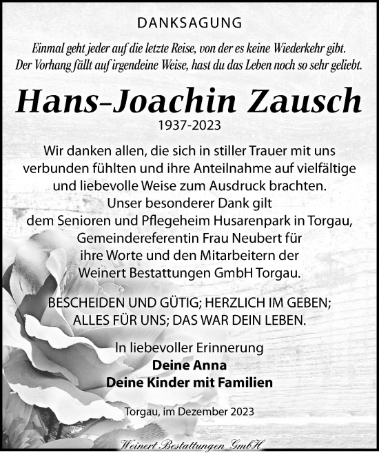 Traueranzeige von Hans-Joachin Zausch von Torgauer Zeitung