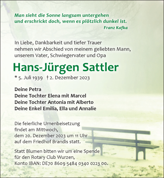 Traueranzeige von Hans-Jürgen Sattler von Leipziger Volkszeitung