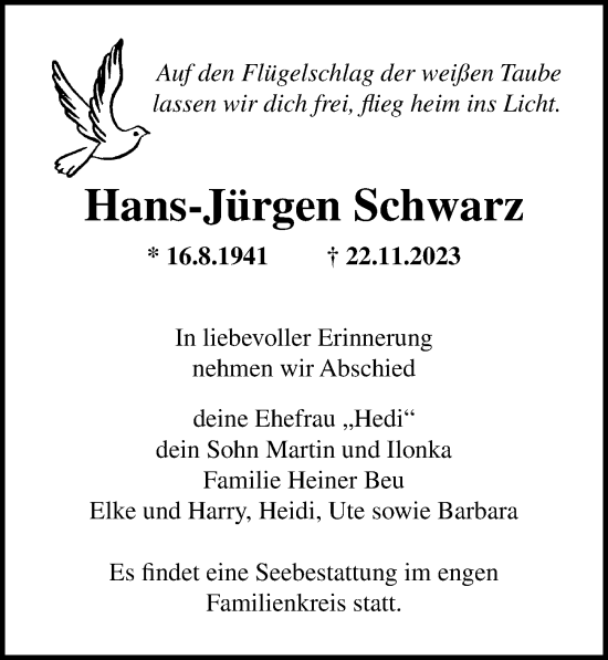 Traueranzeige von Hans-Jürgen Schwarz von Ostsee-Zeitung GmbH