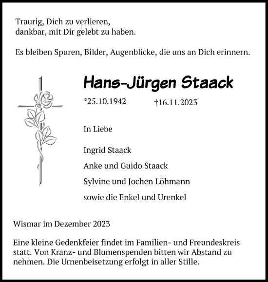 Traueranzeige von Hans-Jürgen Staack von Ostsee-Zeitung GmbH