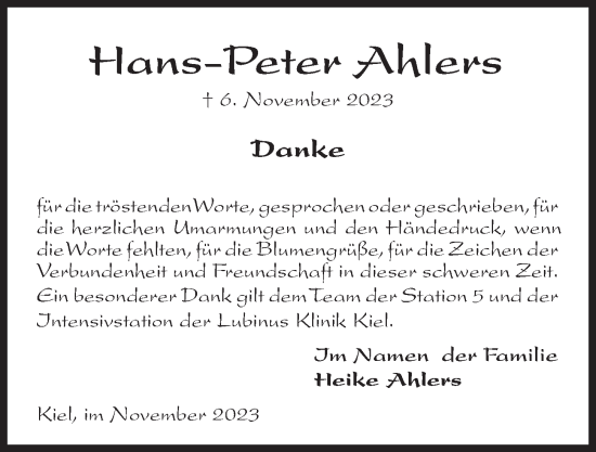 Traueranzeige von Hans-Peter Ahlers von Kieler Nachrichten