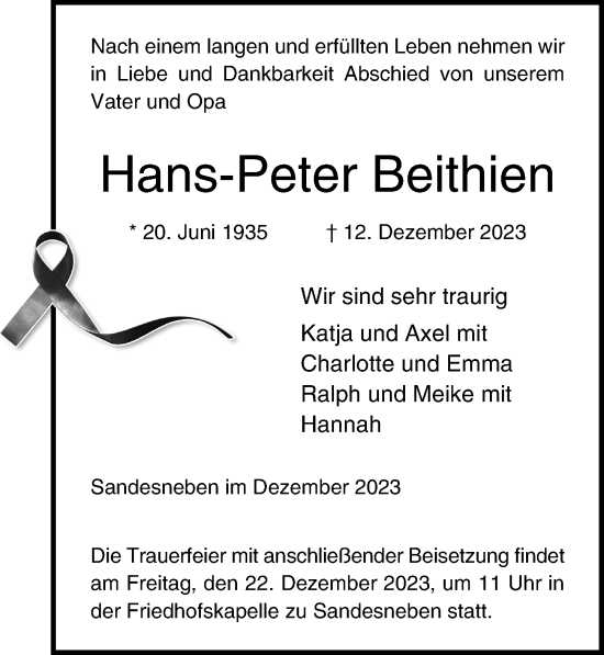 Traueranzeige von Hans-Peter Beithien von Lübecker Nachrichten