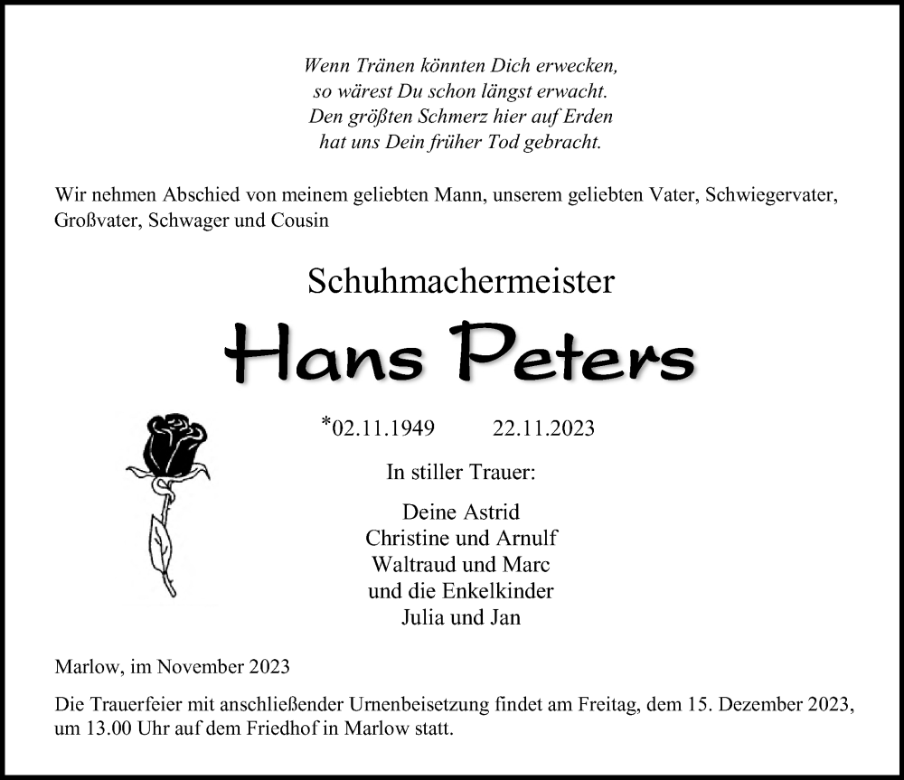 Traueranzeigen von Hans Peters traueranzeigen.de