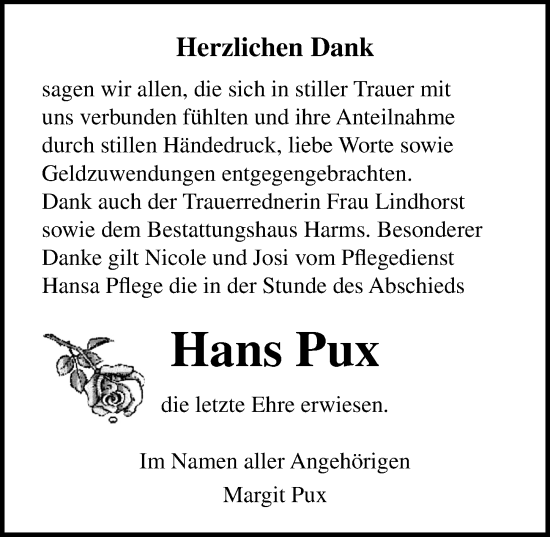 Traueranzeige von Hans Pux von Ostsee-Zeitung GmbH