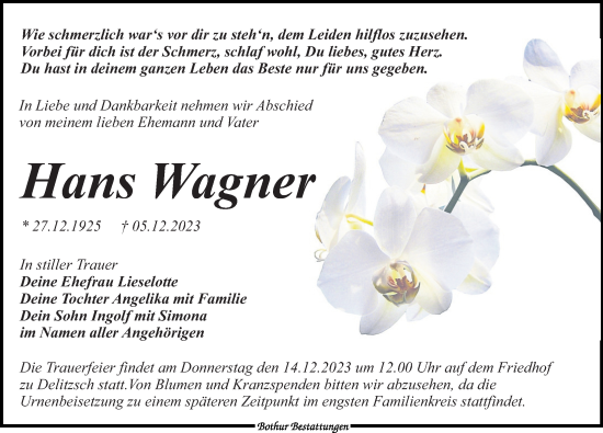 Traueranzeige von Hans Wagner von Leipziger Volkszeitung