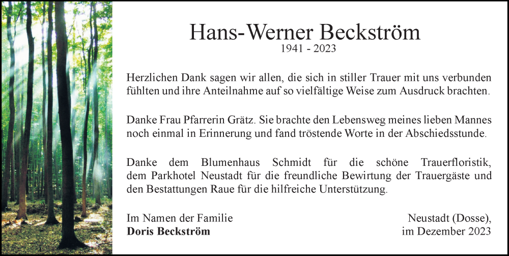  Traueranzeige für Hans-Werner Beckström vom 09.12.2023 aus Wochenspiegel
