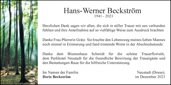 Traueranzeige von Hans-Werner Beckström