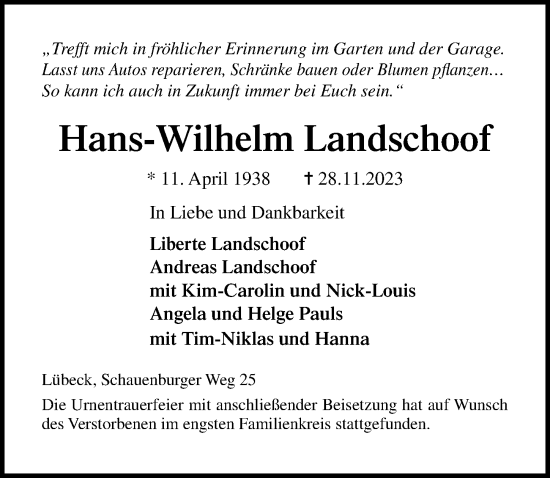 Traueranzeige von Hans-Wilhelm Landschoof von Lübecker Nachrichten